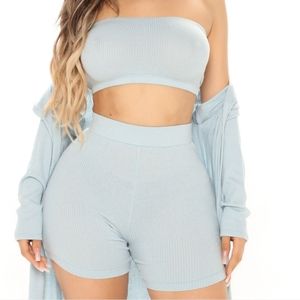 Fashion Nova Talk Later Light Blue 3 Piece Shorts Set